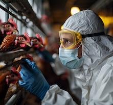 Homme avec une combinaison devant des poules